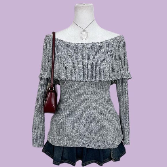 gray off the shoulder y2k tunic length knit top downtown it girl - Picture 1 of 8